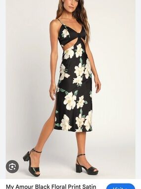Lulu's Black Satin Midi Dress with White Floral Print